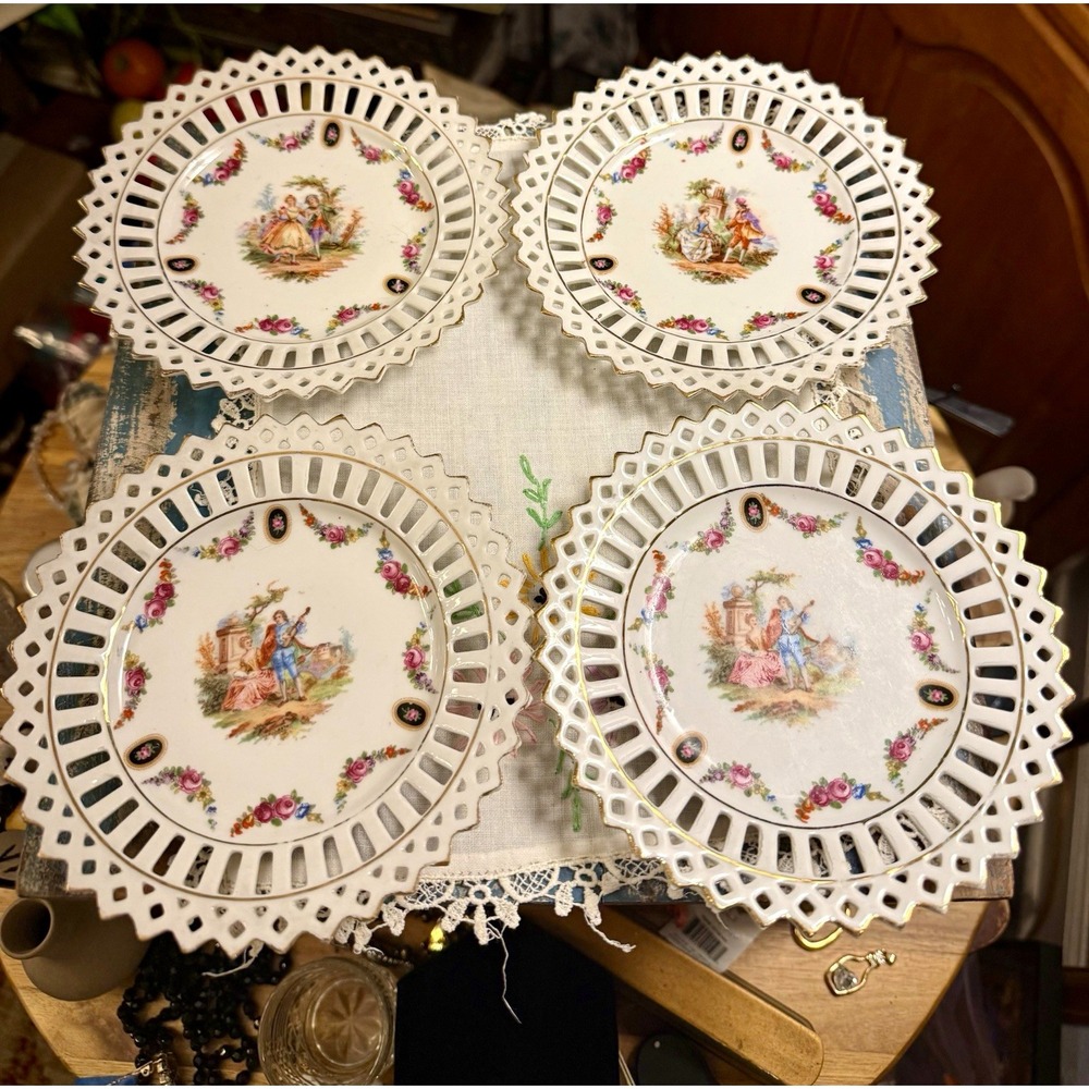 VTG 4 Germany Porcelain Reticulated Plates Courting Couple Floral Pierced Edge